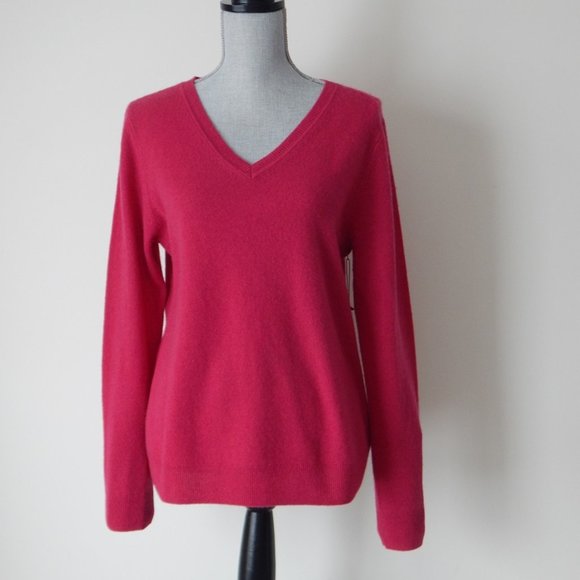 TAHARI 2-PLY 100% Cashmere V-Neck Pullover Sweater Raspberry  Women’s Large NWT - Picture 1 of 6